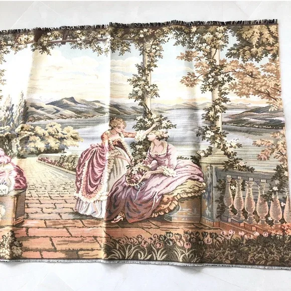 TAPESTRY Vintage European Style Floral Ladies Romantic Scene EX Long NWOT - Picture 6 of 14